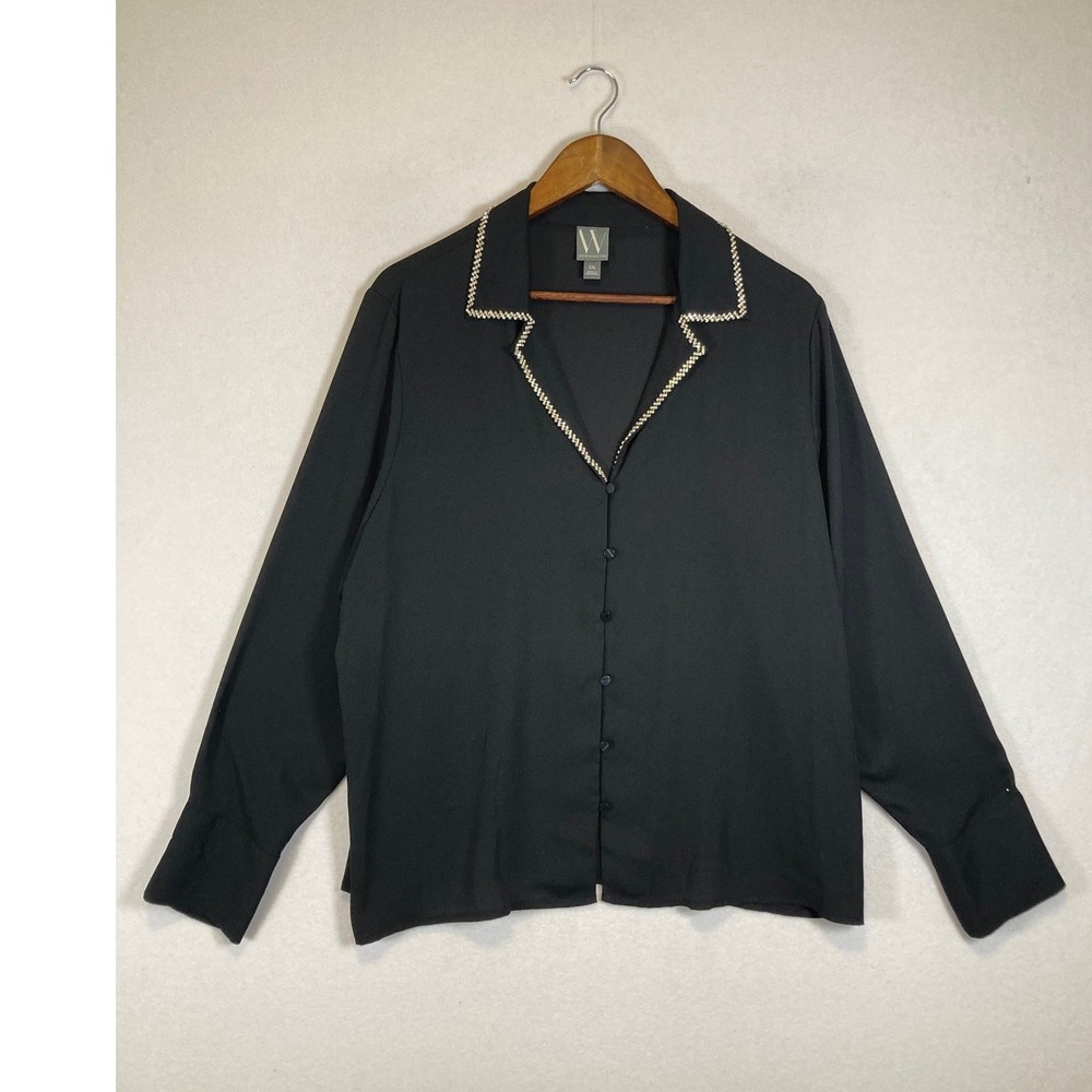 Dark Academia Worthington Women‎ XXL Black Contrast Stitch Notch Lapel Blouse